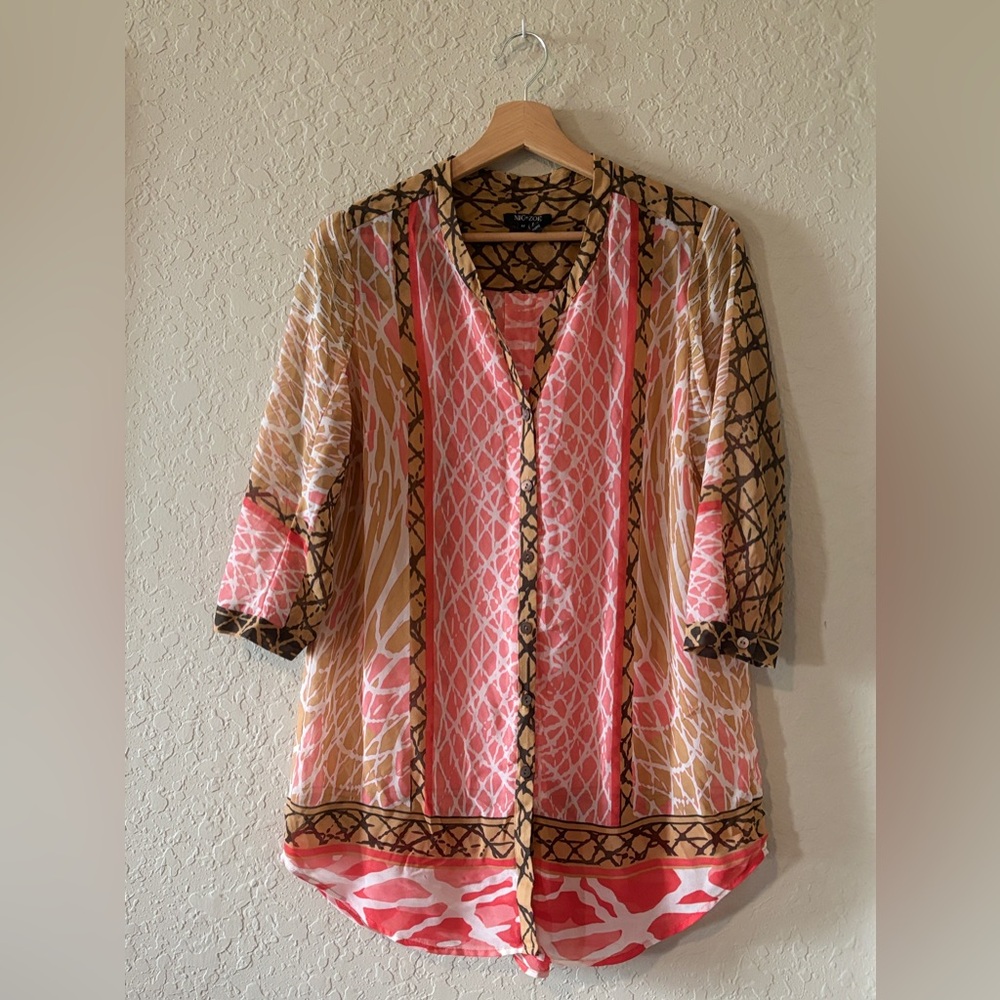 Flowing Beach Coverup Open or Button Up Mixed Pattern Easy Buttons Nic + Zoe